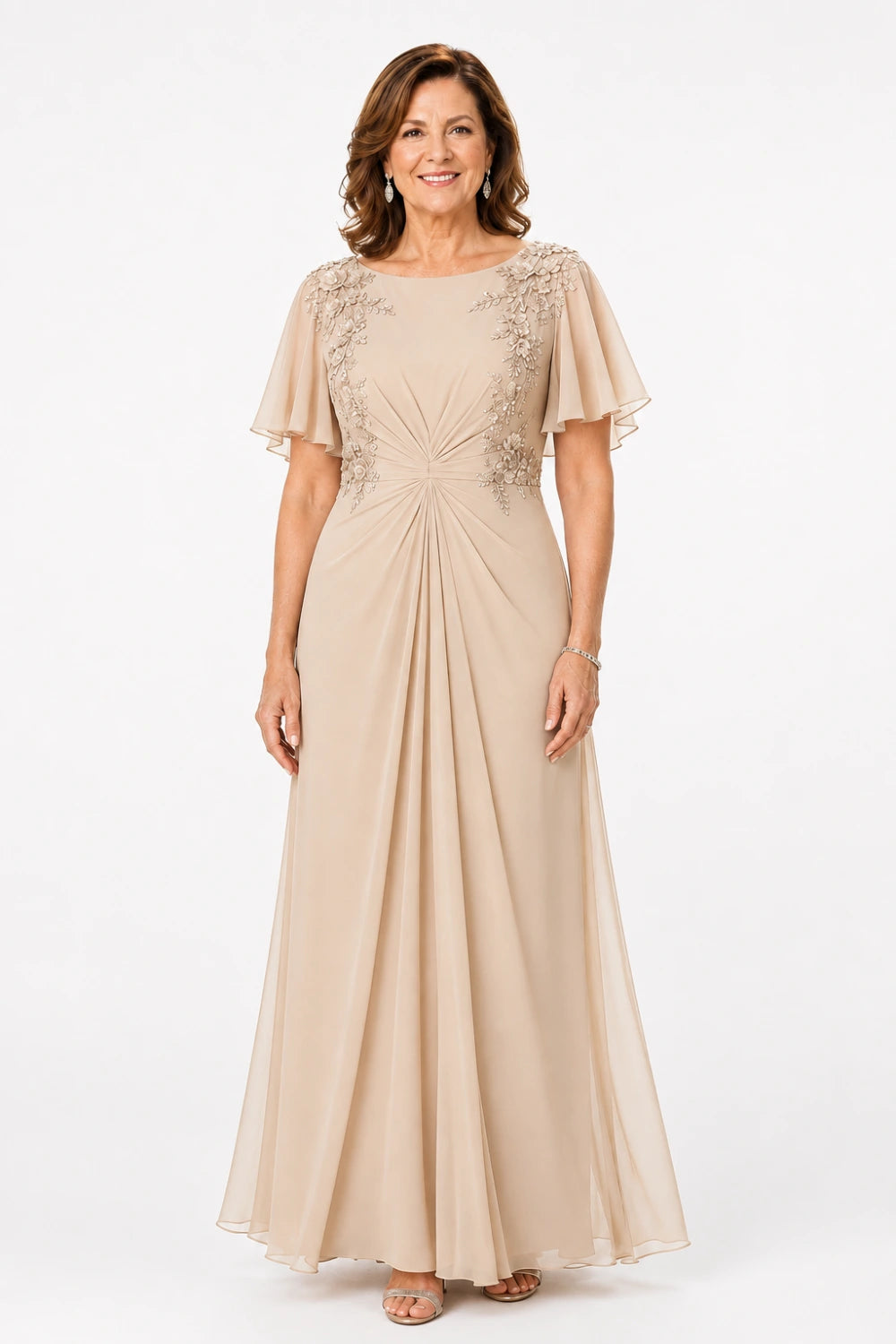 Floral-Appliqué Flutter-Sleeve Ruched Maxi Dress