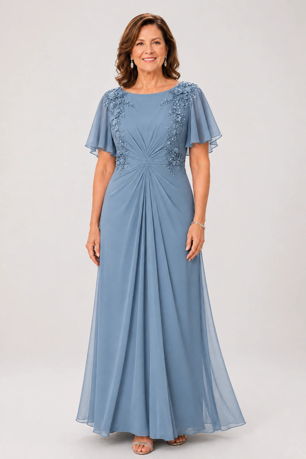 Floral-Appliqué Flutter-Sleeve Ruched Maxi Dress