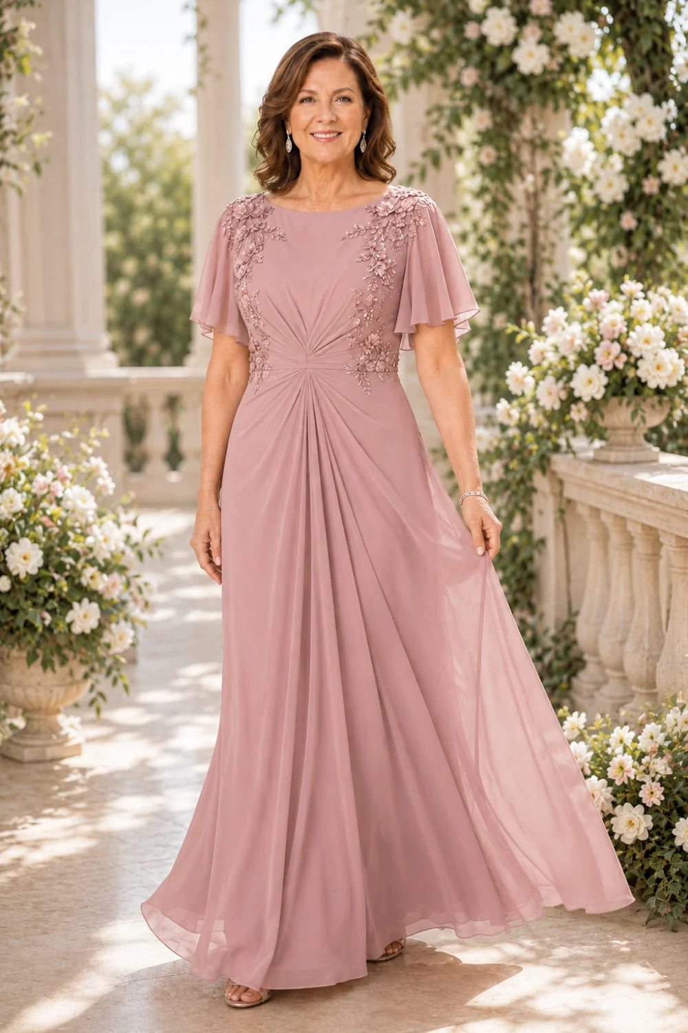 Floral-Appliqué Flutter-Sleeve Ruched Maxi Dress