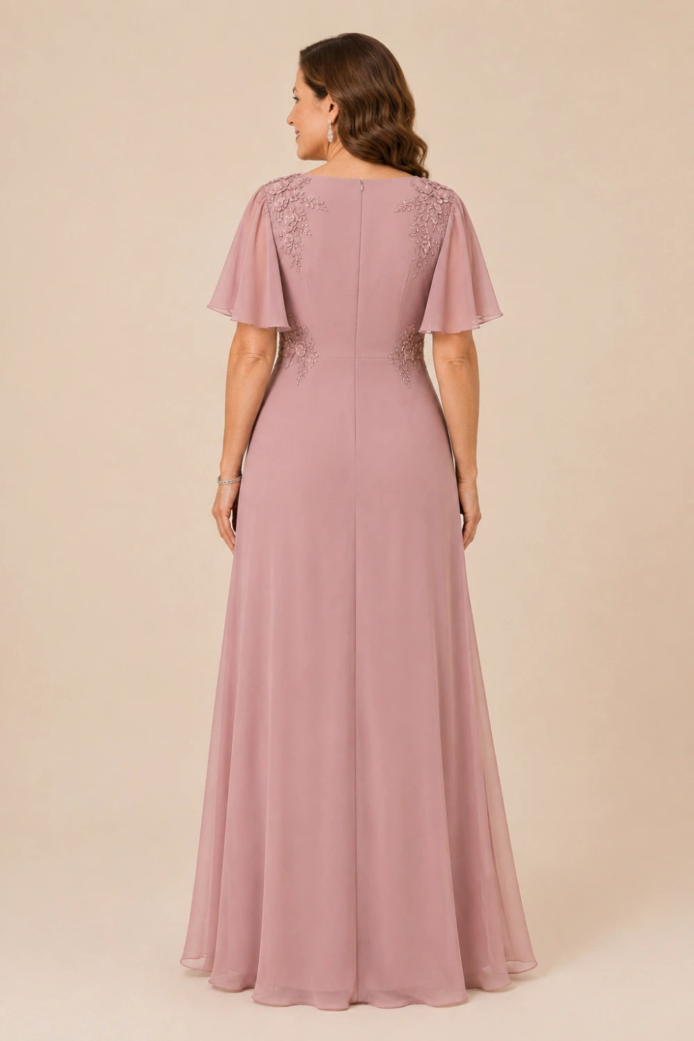 Floral-Appliqué Flutter-Sleeve Ruched Maxi Dress