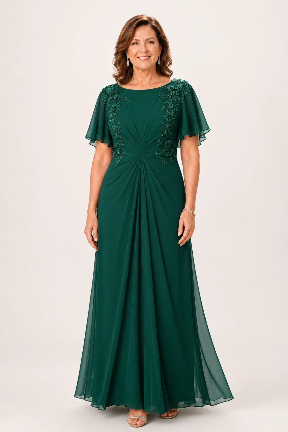 Floral-Appliqué Flutter-Sleeve Ruched Maxi Dress