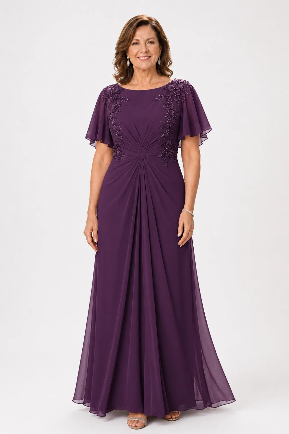 Floral-Appliqué Flutter-Sleeve Ruched Maxi Dress