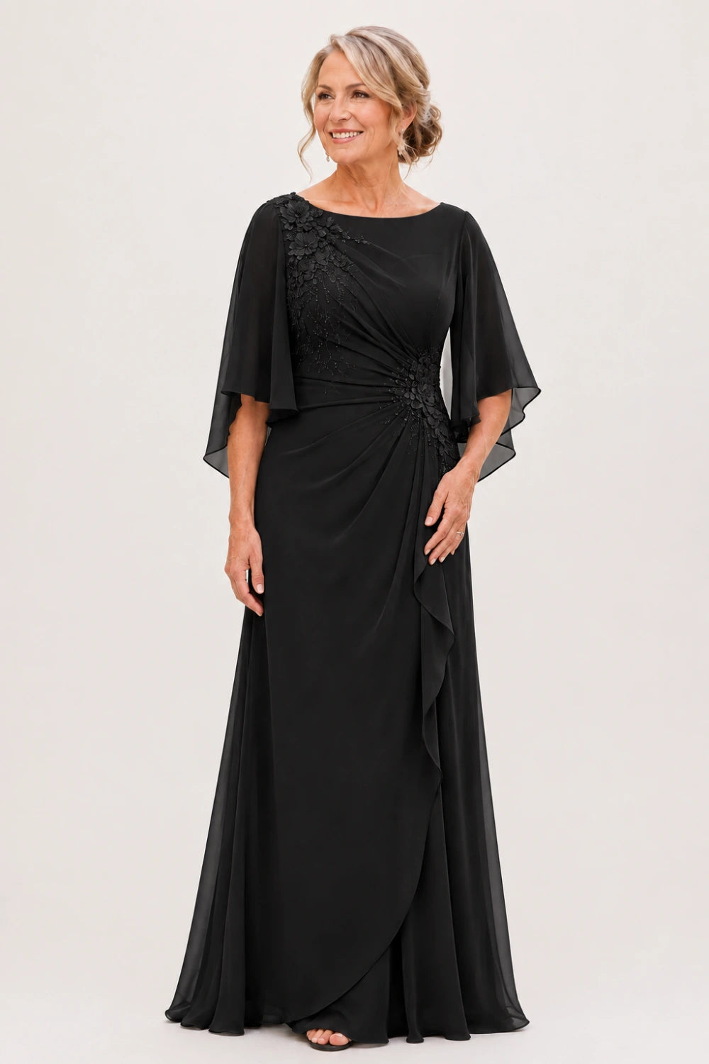 Floral Appliqué Ruched Chiffon Cape Gown