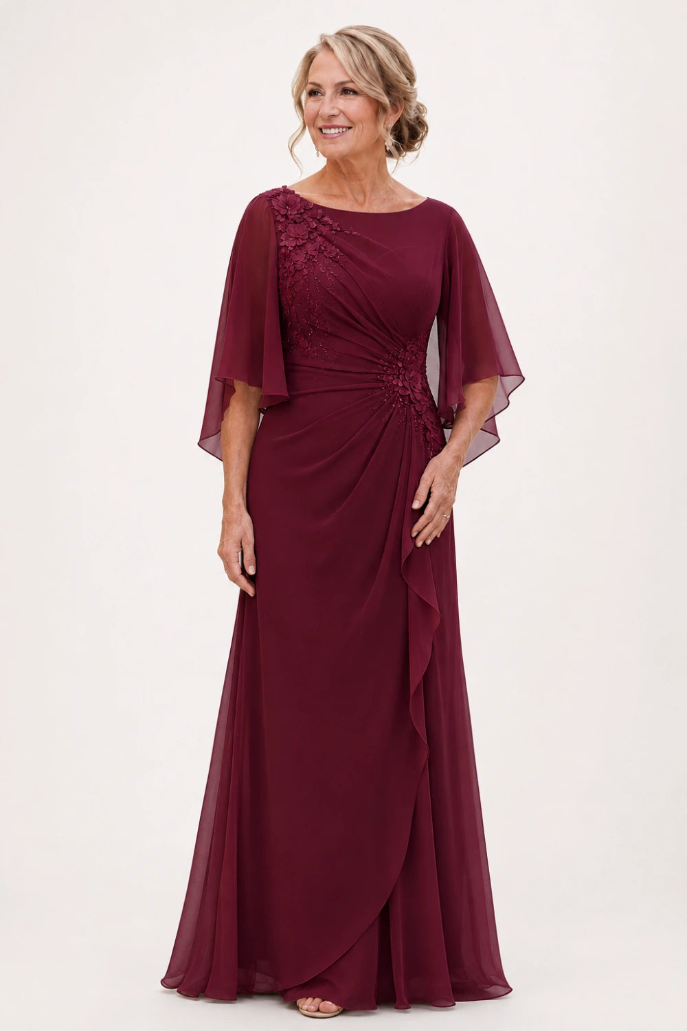 Floral Appliqué Ruched Chiffon Cape Gown