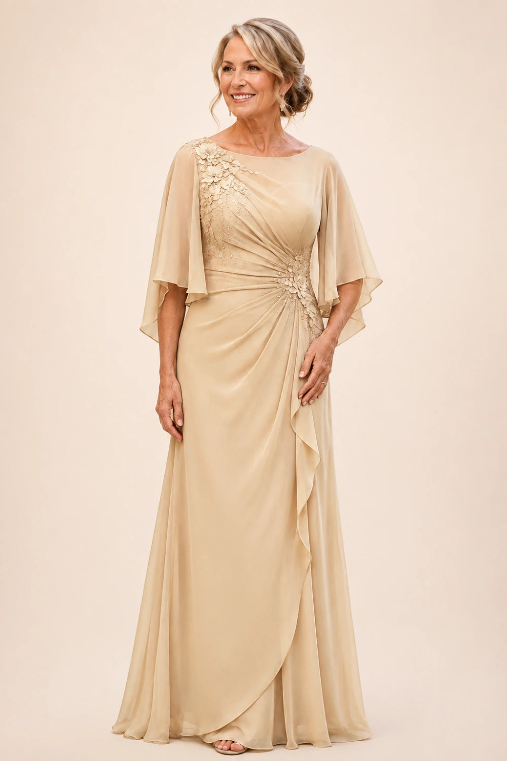 Floral Appliqué Ruched Chiffon Cape Gown