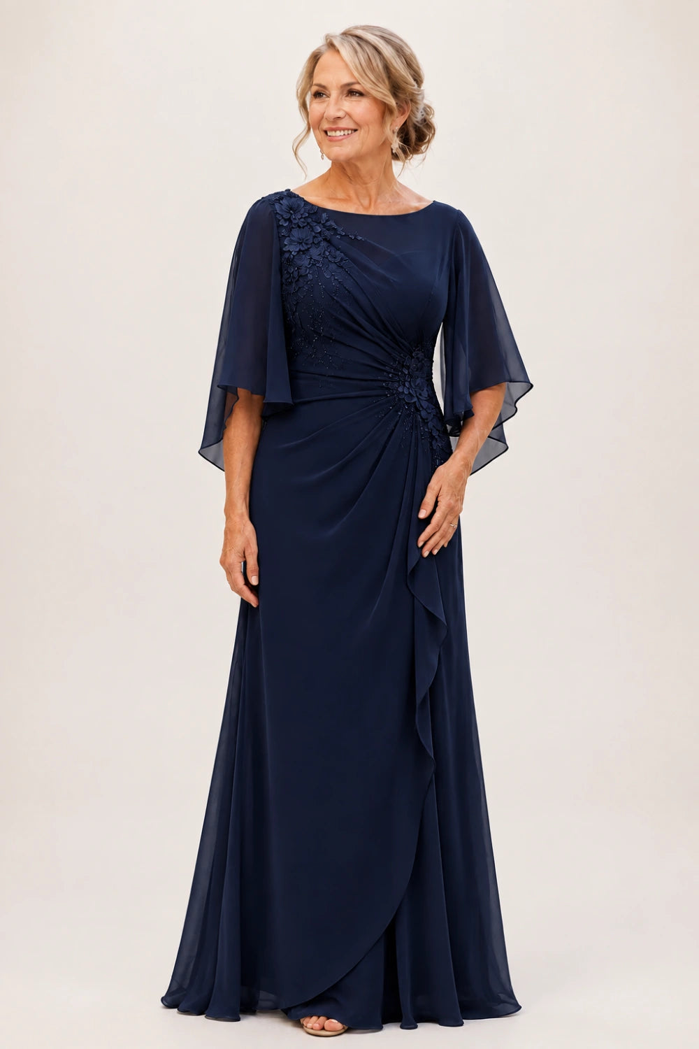 Floral Appliqué Ruched Chiffon Cape Gown