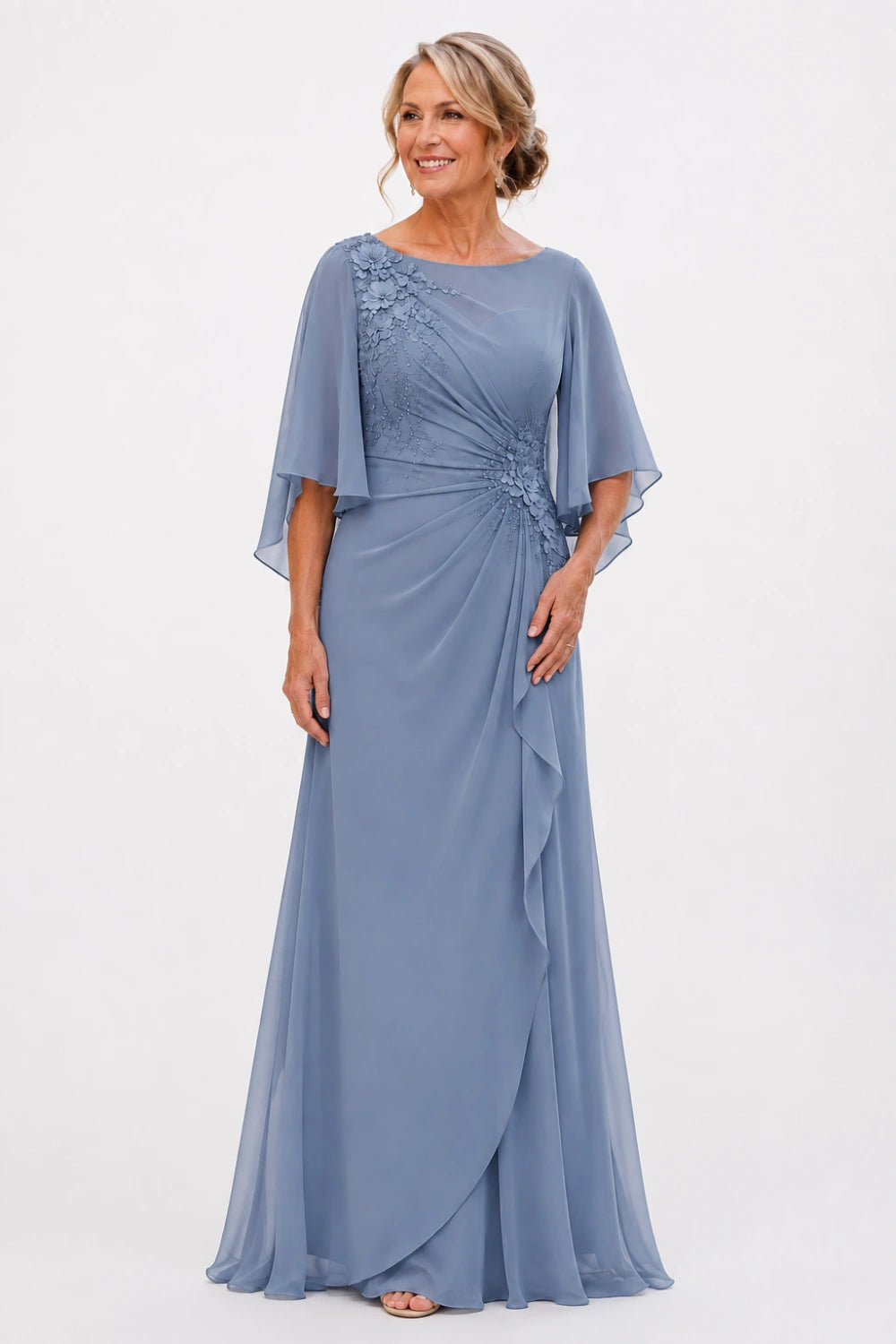 Floral Appliqué Ruched Chiffon Cape Gown