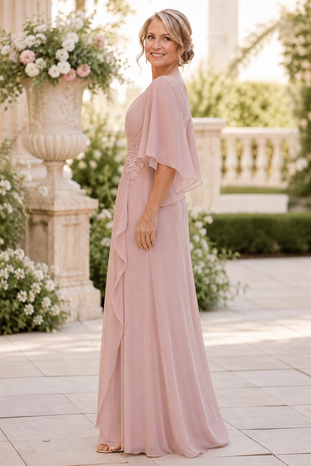 Floral Appliqué Ruched Chiffon Cape Gown