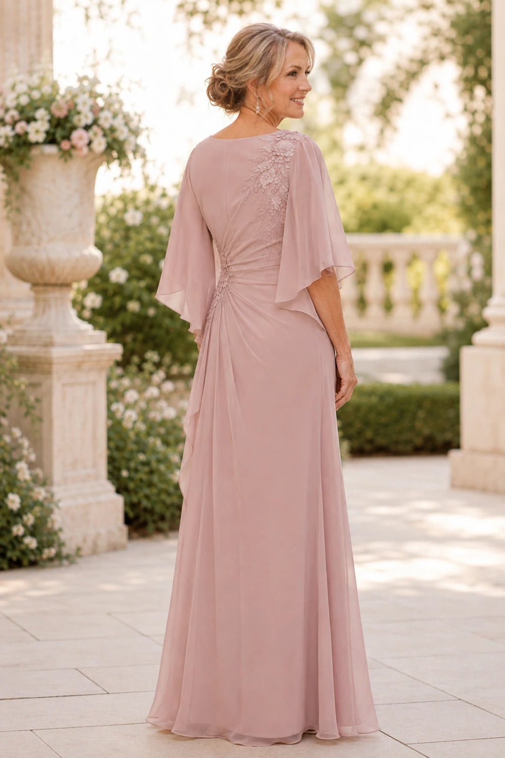 Floral Appliqué Ruched Chiffon Cape Gown