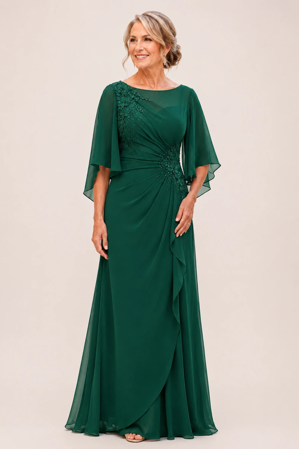 Floral Appliqué Ruched Chiffon Cape Gown