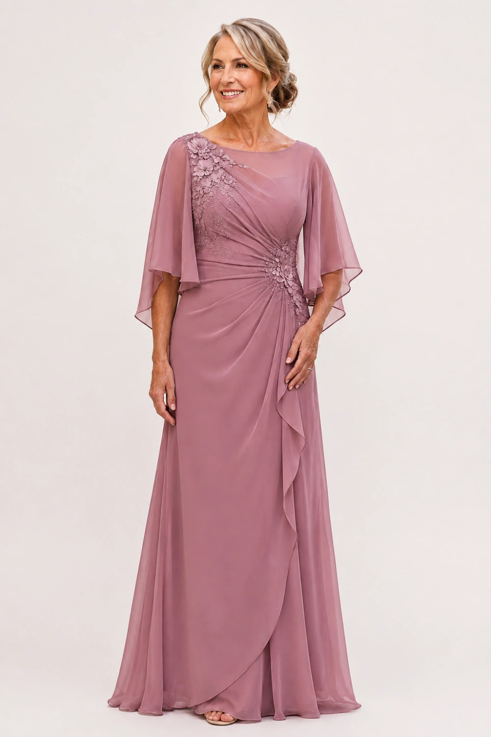 Floral Appliqué Ruched Chiffon Cape Gown