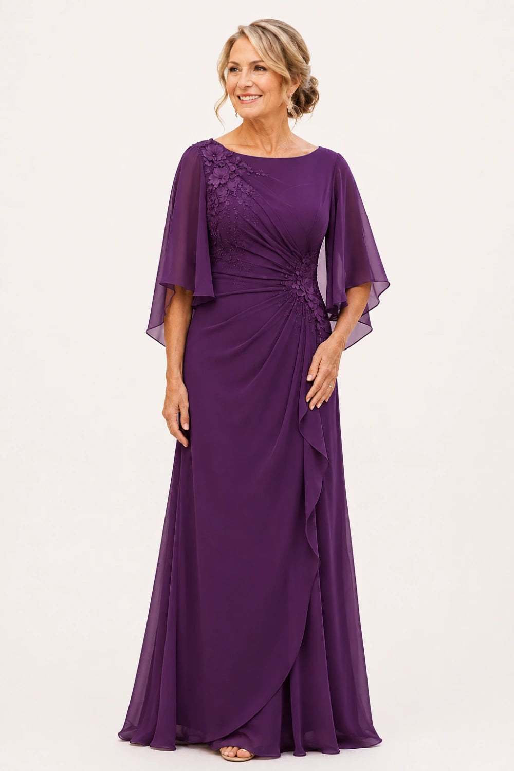 Floral Appliqué Ruched Chiffon Cape Gown