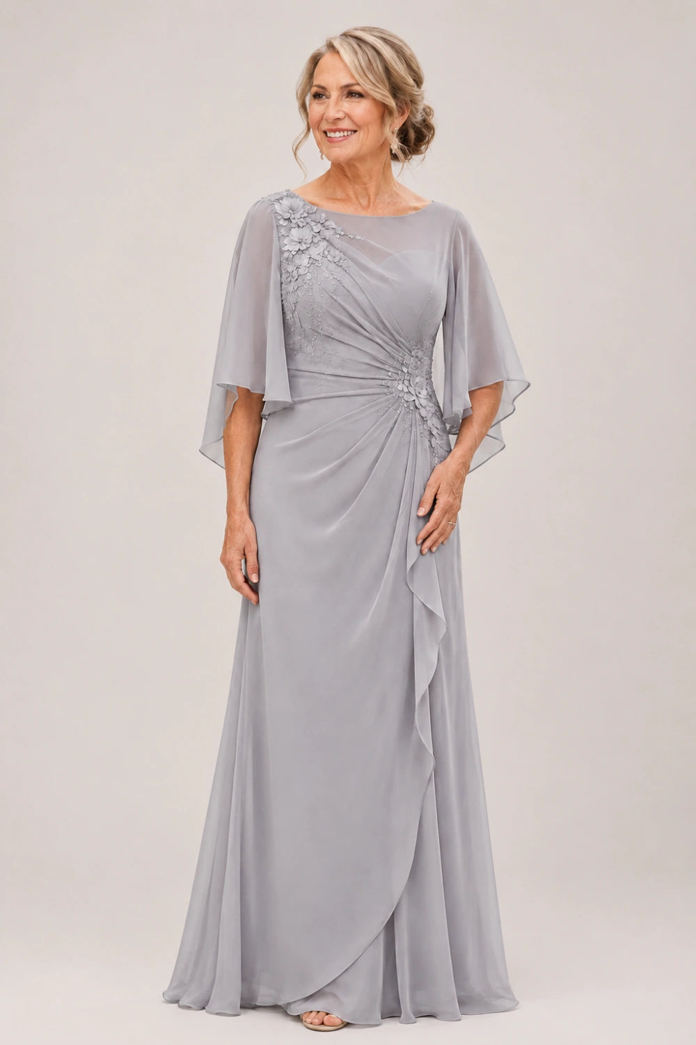 Floral Appliqué Ruched Chiffon Cape Gown