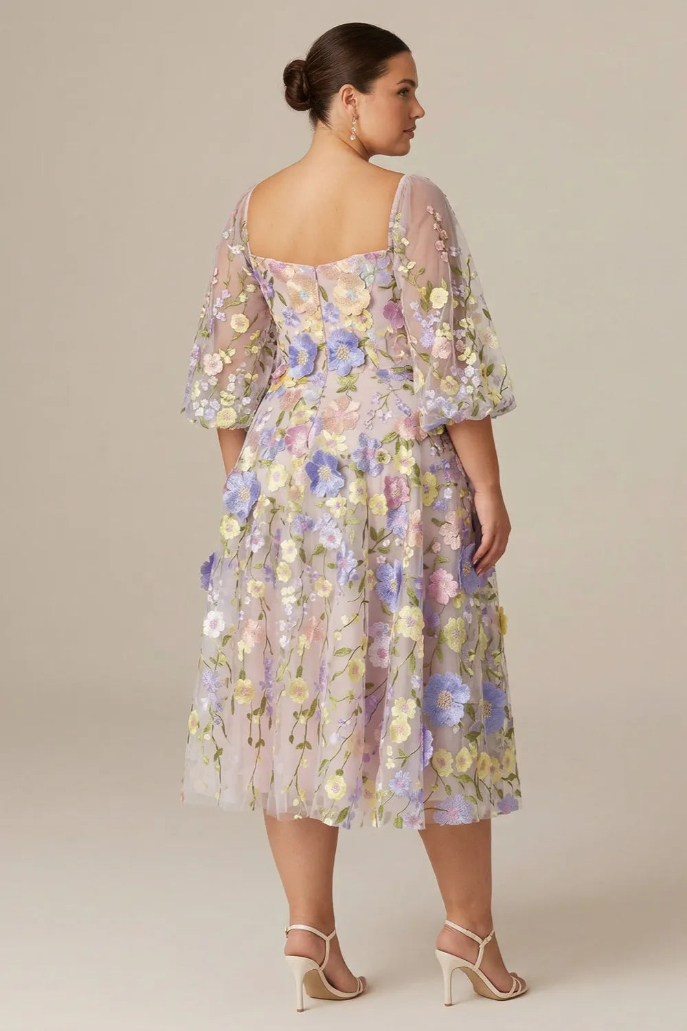 Floral Embroidered Puff Sleeve Tulle Midi Dress