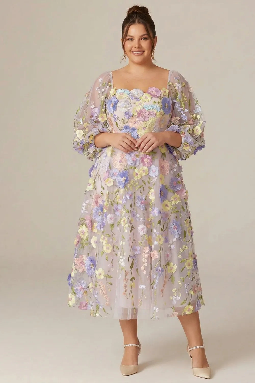 Floral Embroidered Puff Sleeve Tulle Midi Dress