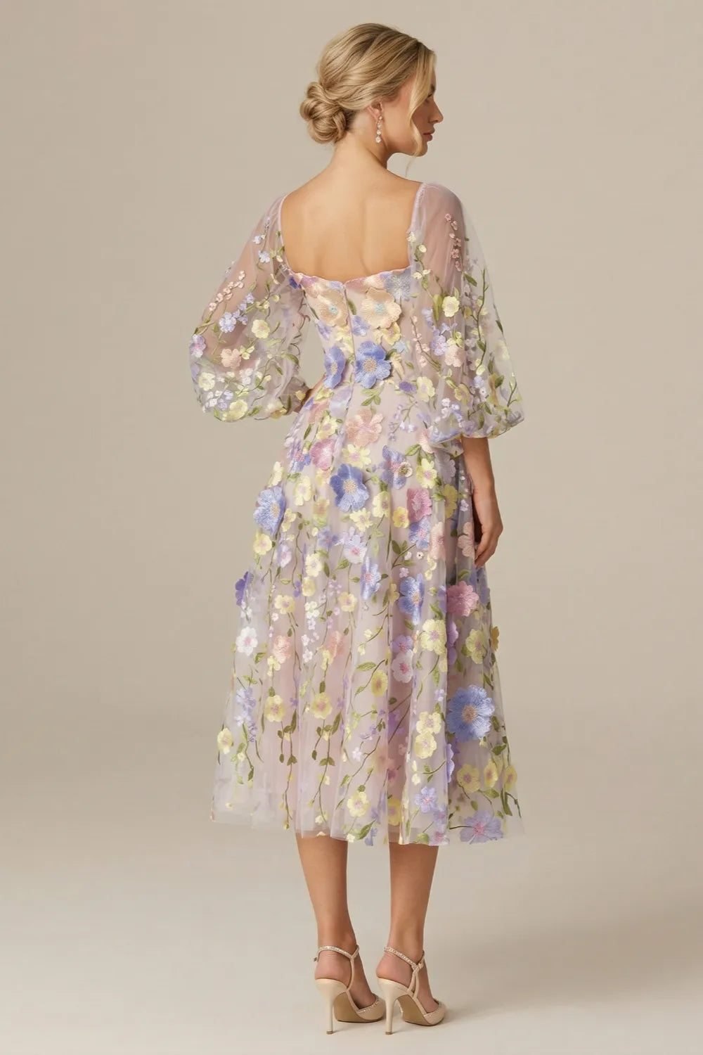 Floral Embroidered Puff Sleeve Tulle Midi Dress