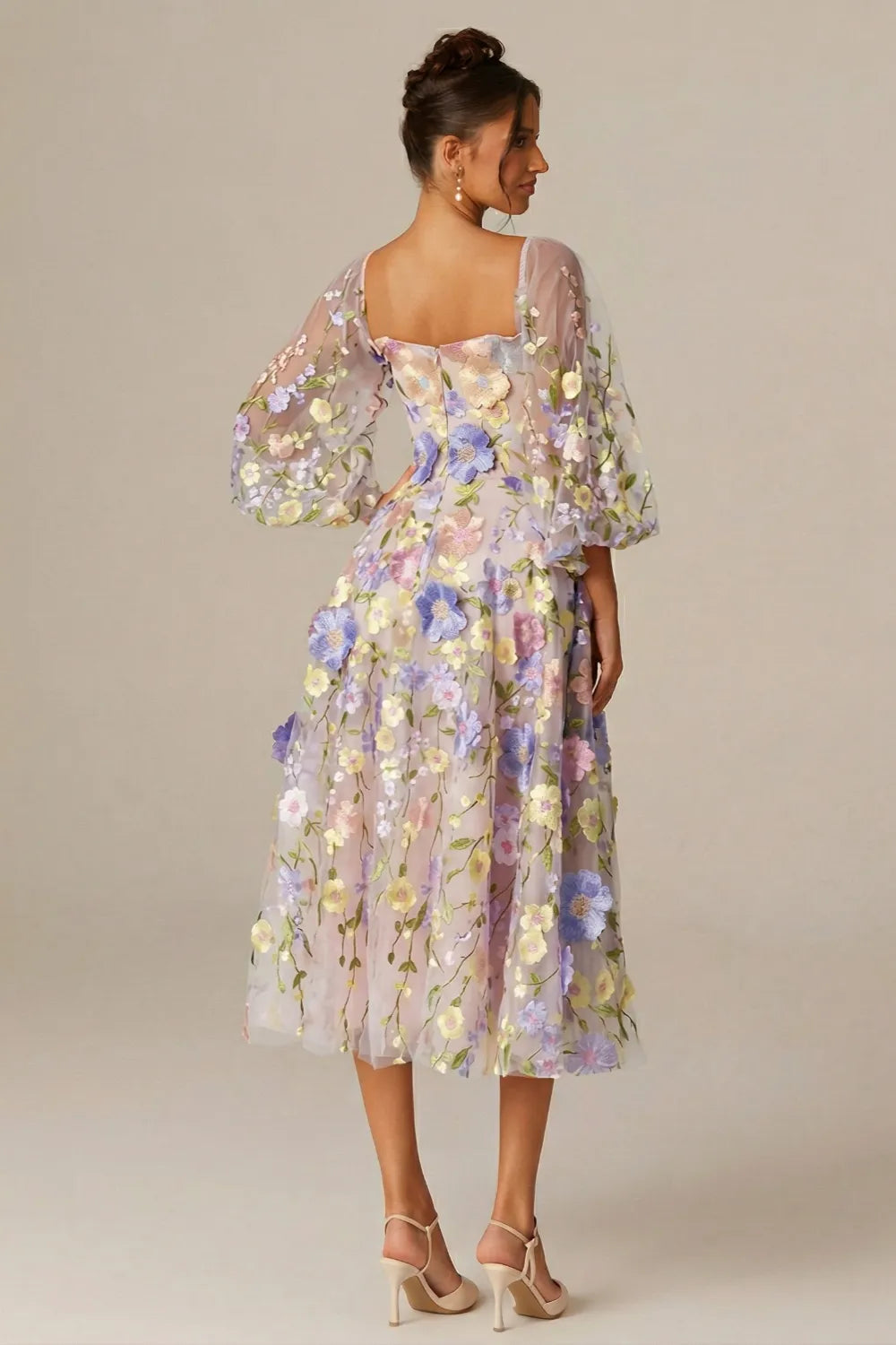 Floral Embroidered Puff Sleeve Tulle Midi Dress