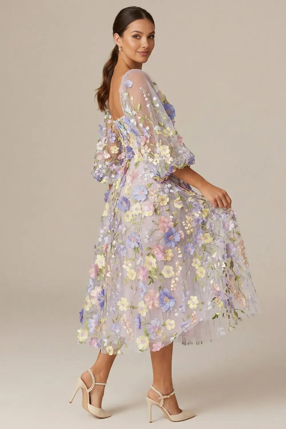 Floral Embroidered Puff Sleeve Tulle Midi Dress