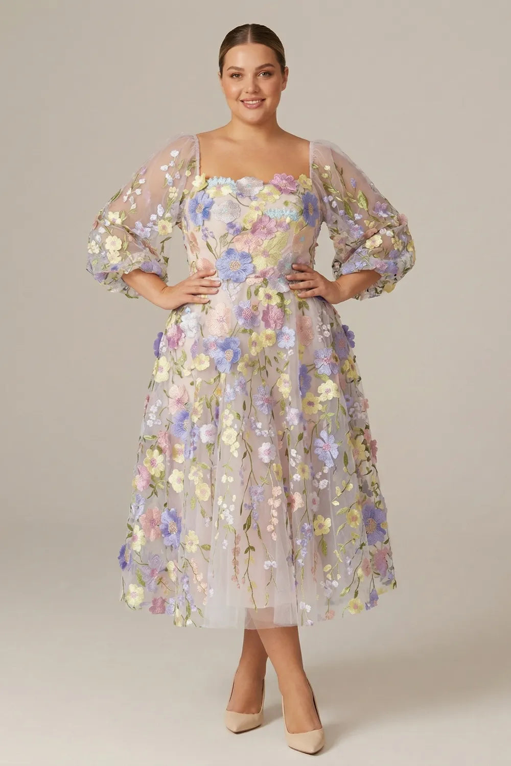 Floral Embroidered Puff Sleeve Tulle Midi Dress