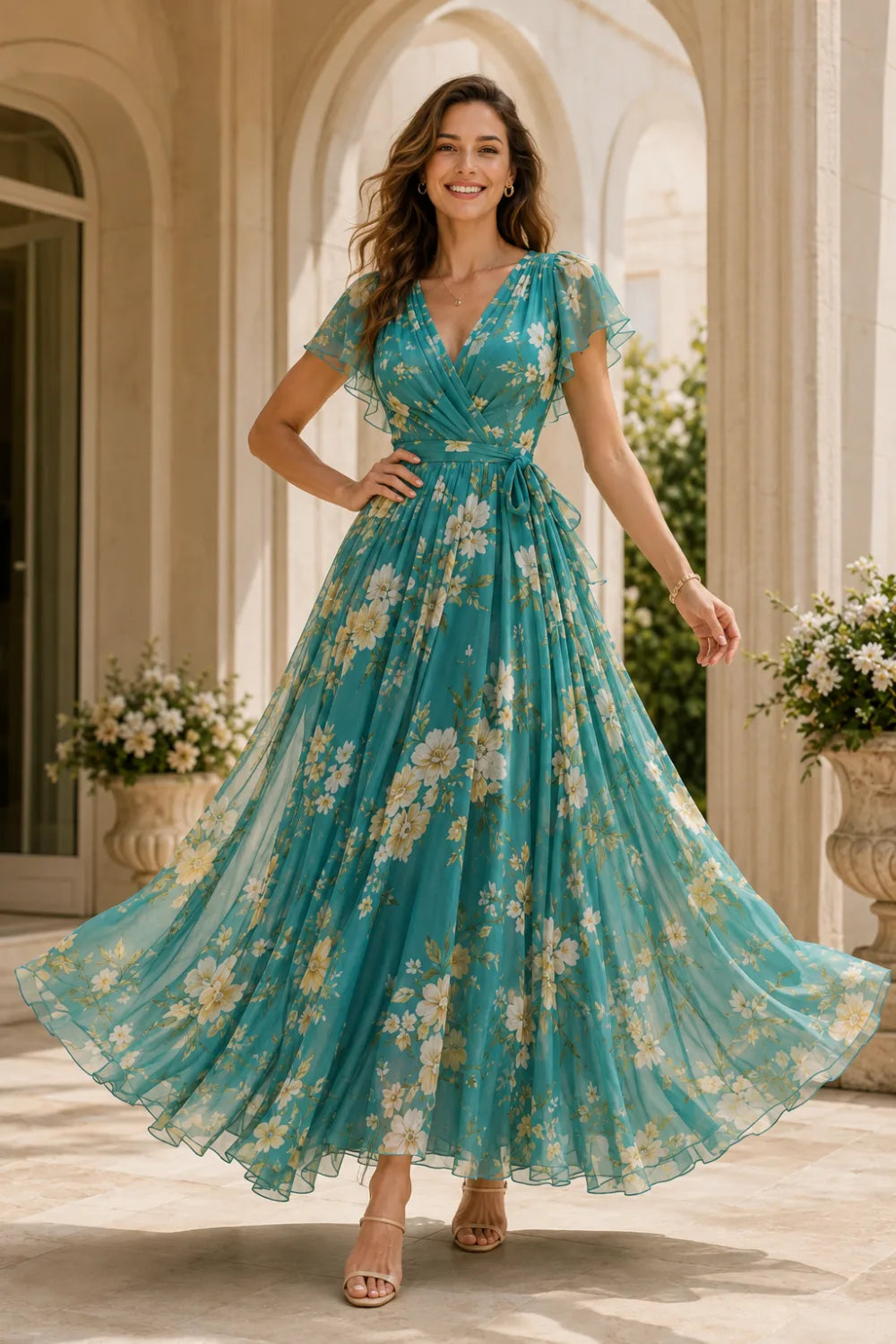 Floral Maxi Dress with Wrap Bodice and Flutter Sleeves