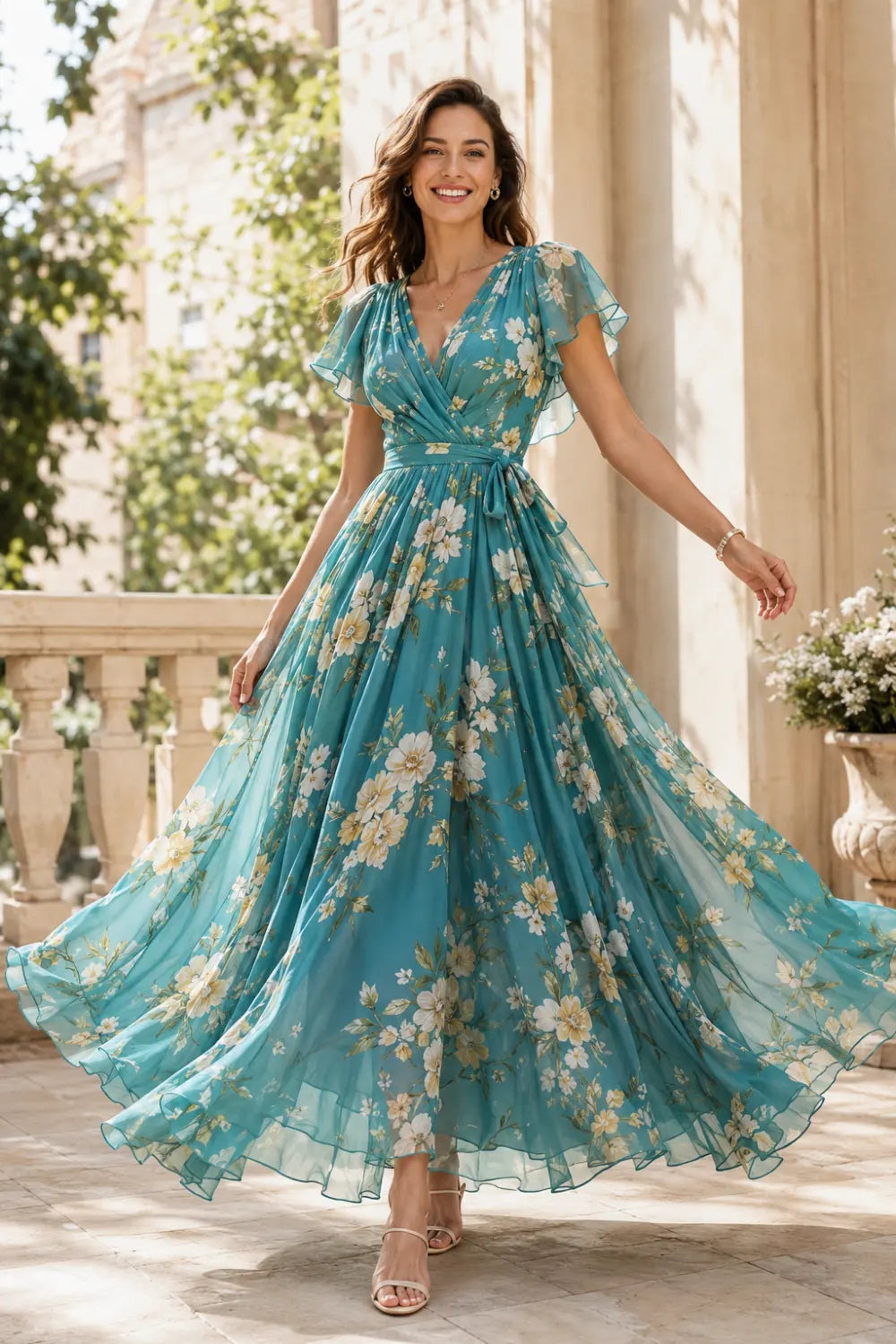 Floral Maxi Dress with Wrap Bodice and Flutter Sleeves