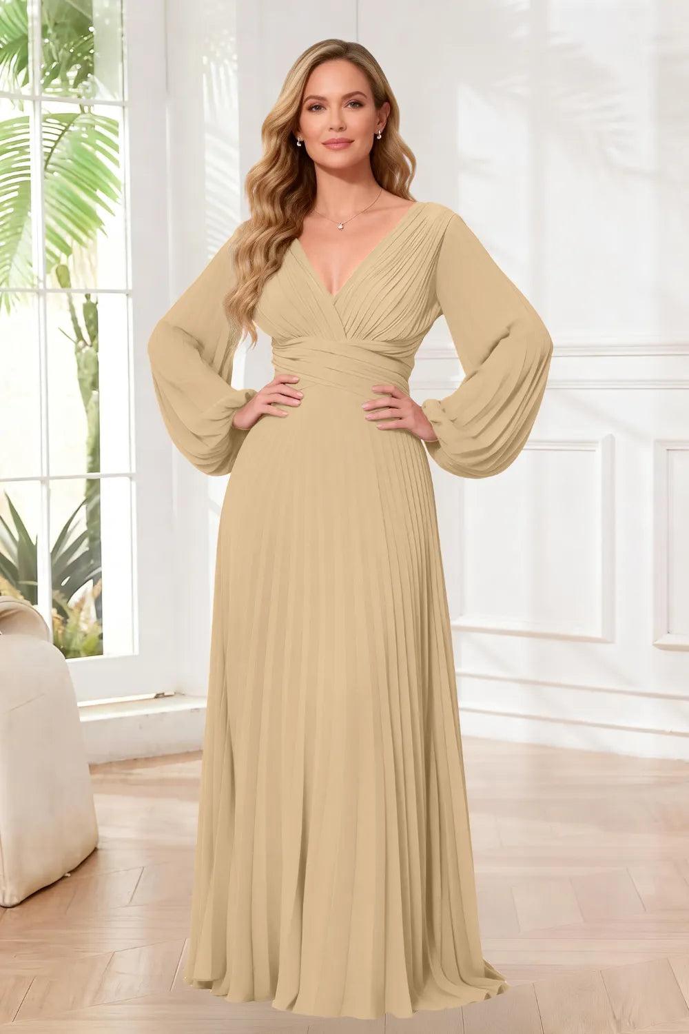 Graceful Long Sleeve Pleated Evening Gown