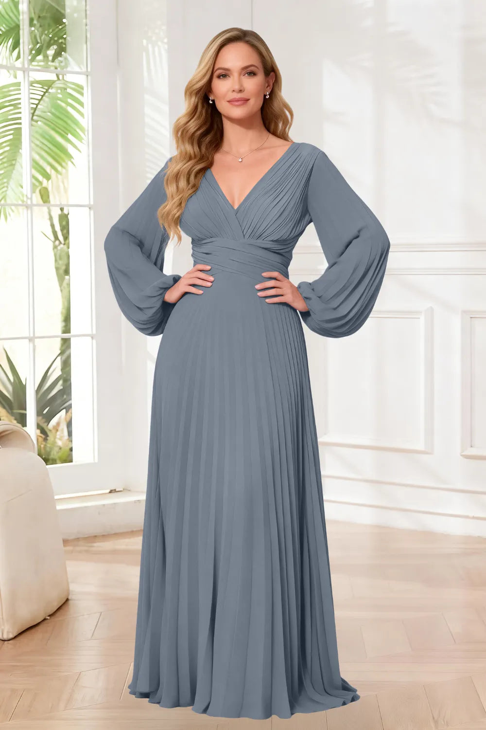 Graceful Long Sleeve Pleated Evening Gown