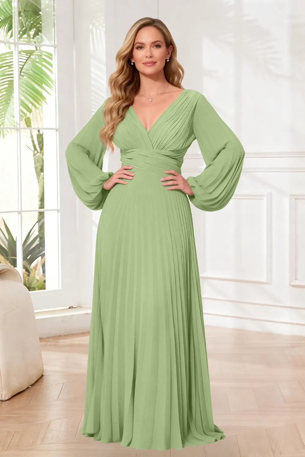 Graceful Long Sleeve Pleated Evening Gown