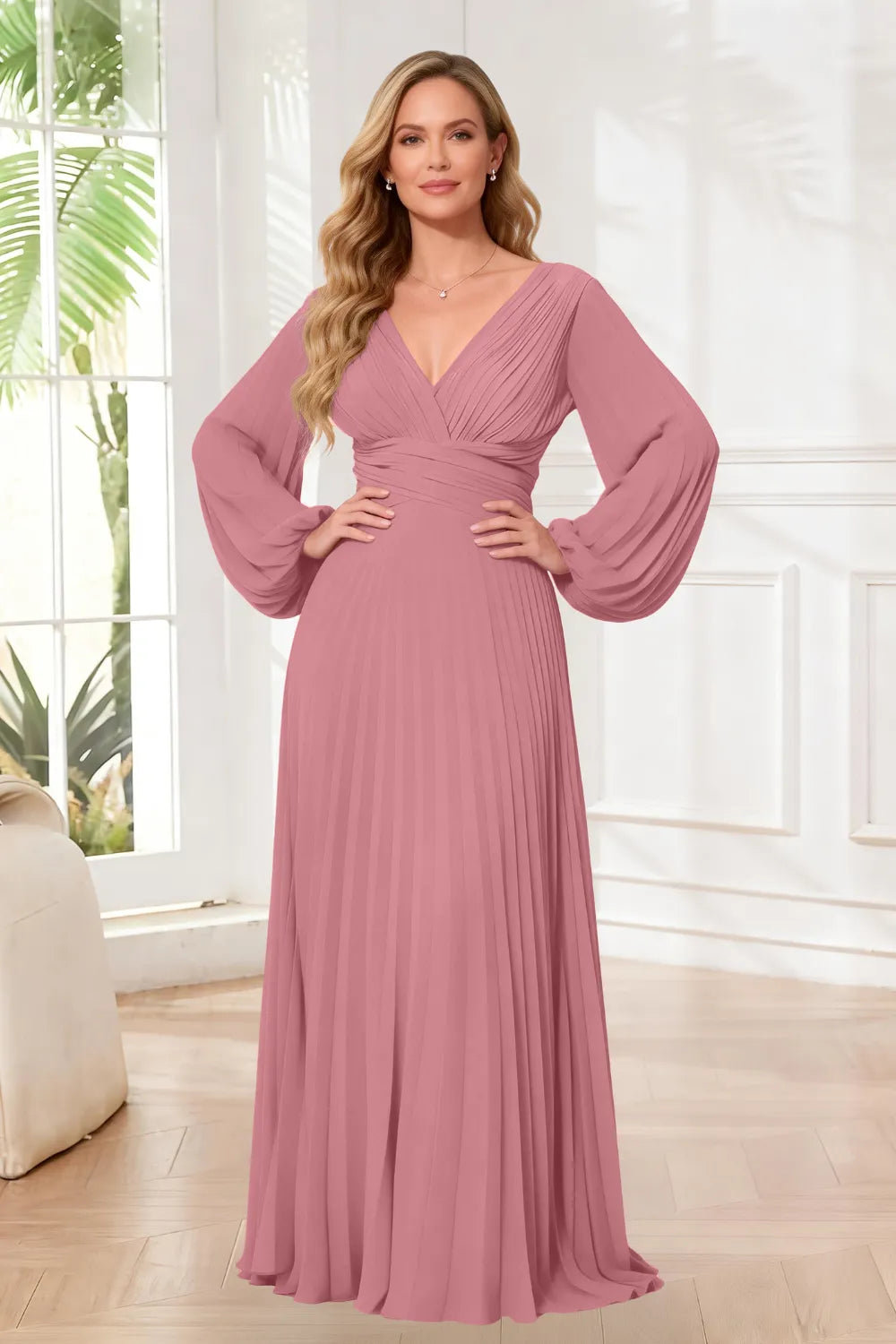 Graceful Long Sleeve Pleated Evening Gown