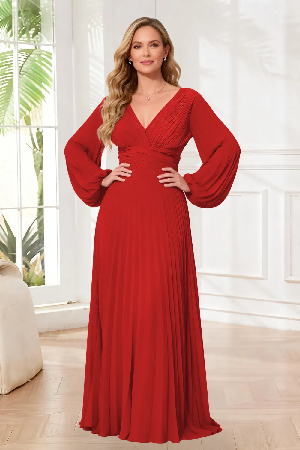 Graceful Long Sleeve Pleated Evening Gown