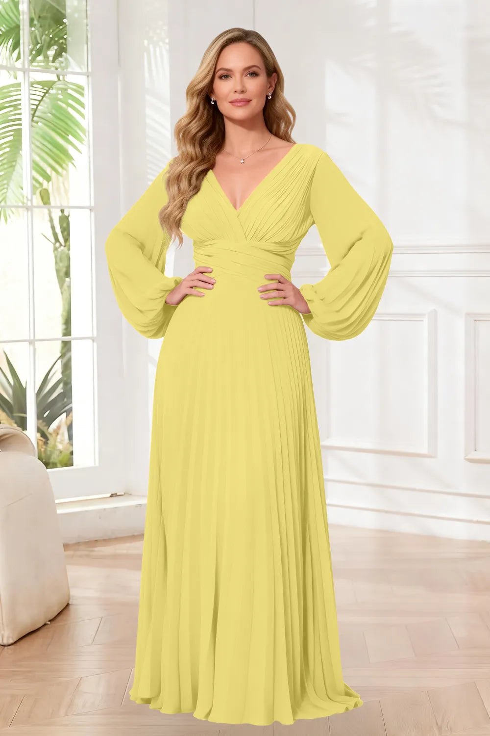 Graceful Long Sleeve Pleated Evening Gown