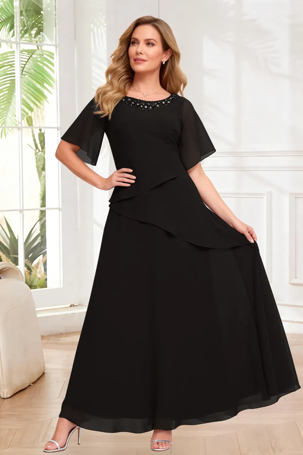 Elegant Chiffon A-Line Evening Dress with Layered Ruffle Detail