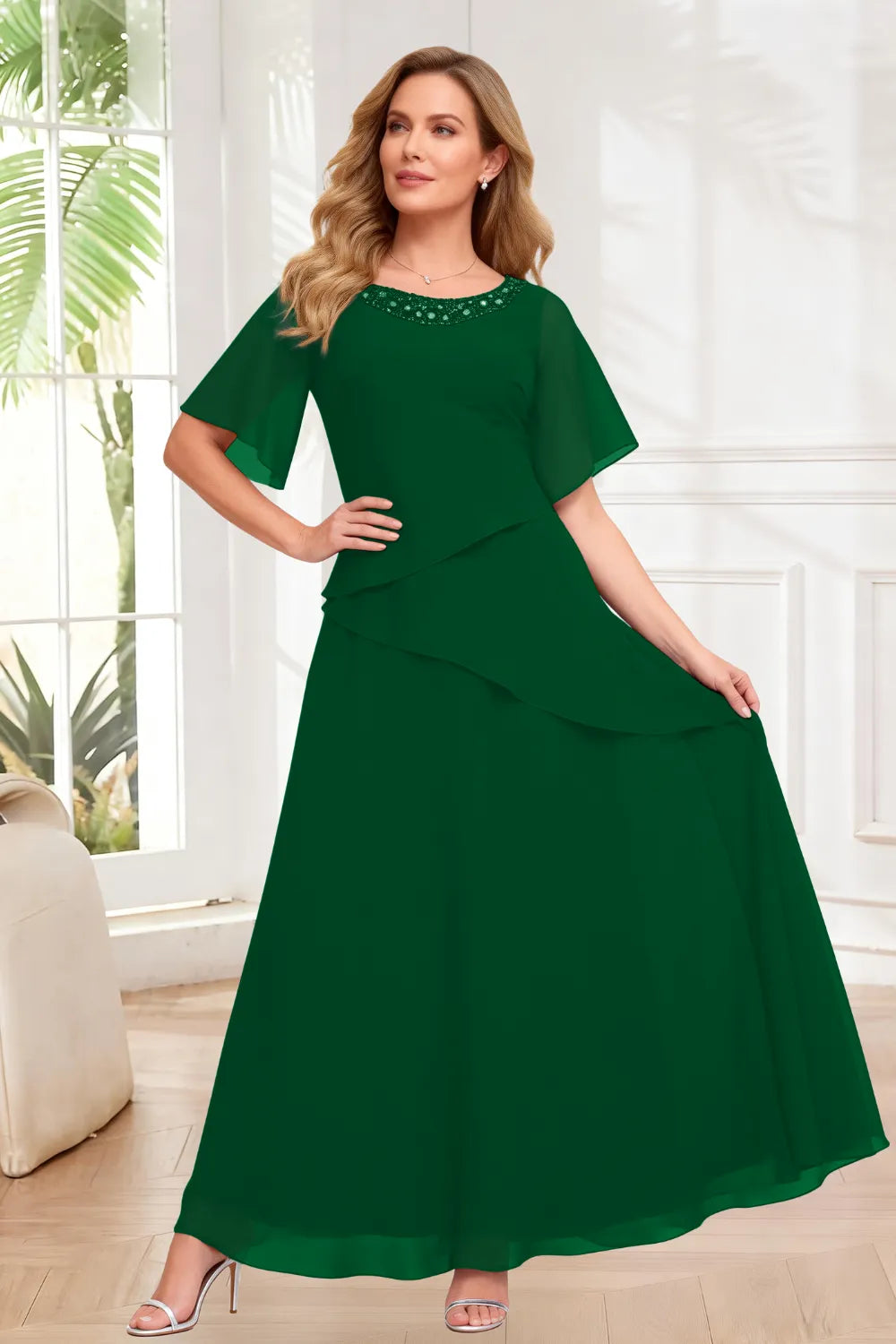 Elegant Chiffon A-Line Evening Dress with Layered Ruffle Detail