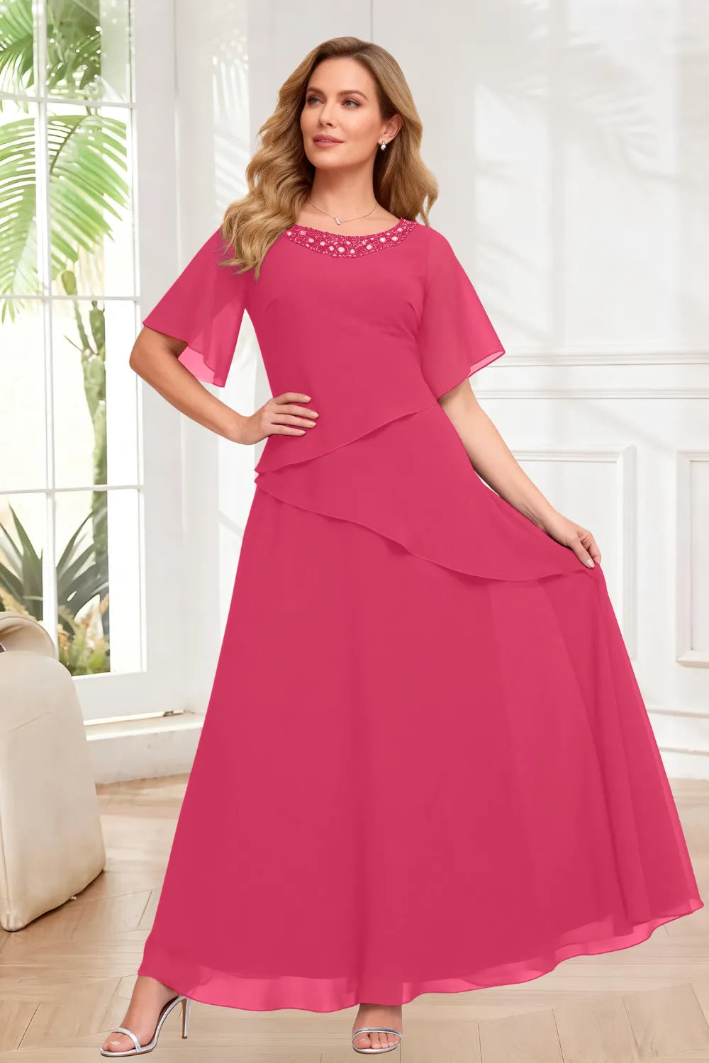 Elegant Chiffon A-Line Evening Dress with Layered Ruffle Detail