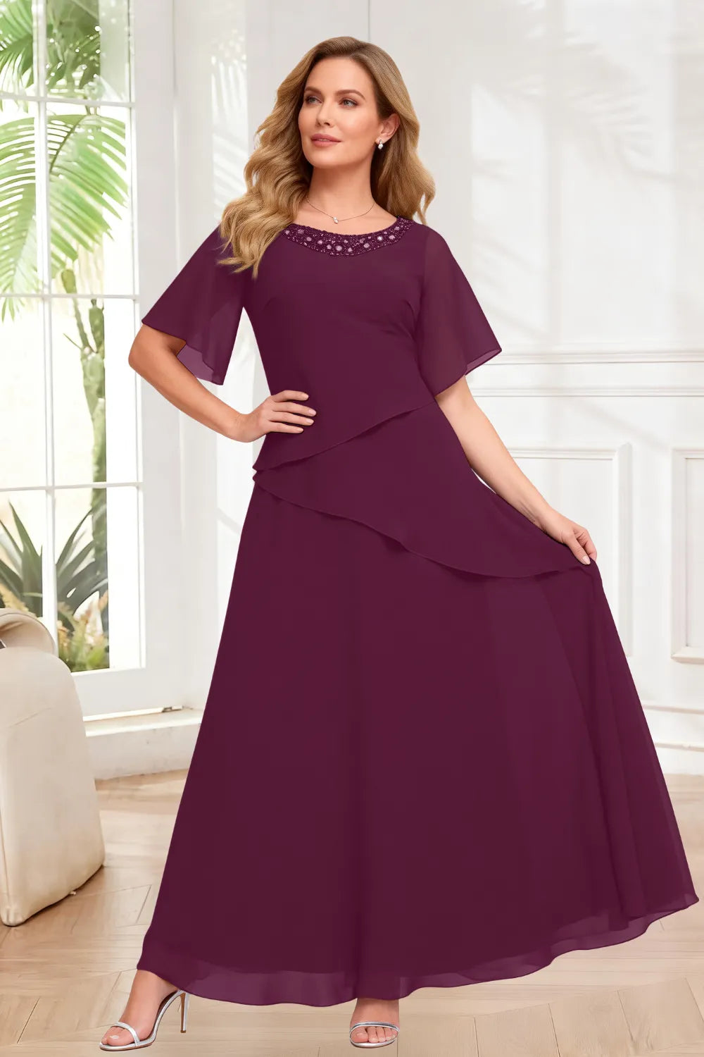 Elegant Chiffon A-Line Evening Dress with Layered Ruffle Detail
