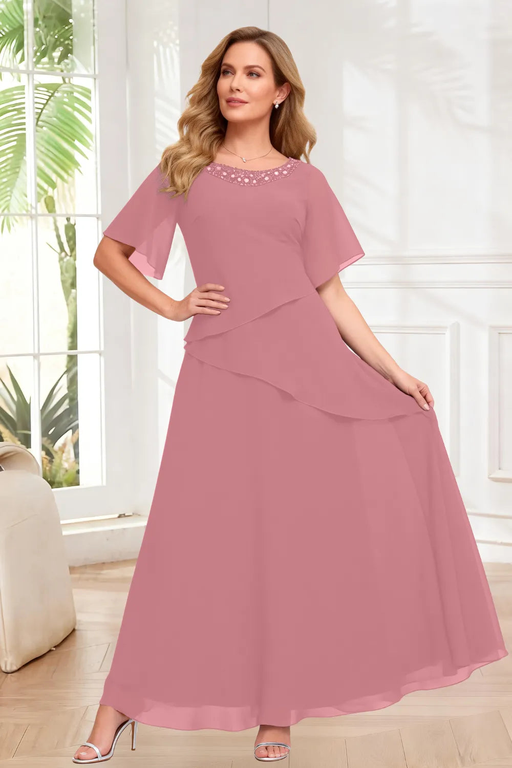 Elegant Chiffon A-Line Evening Dress with Layered Ruffle Detail