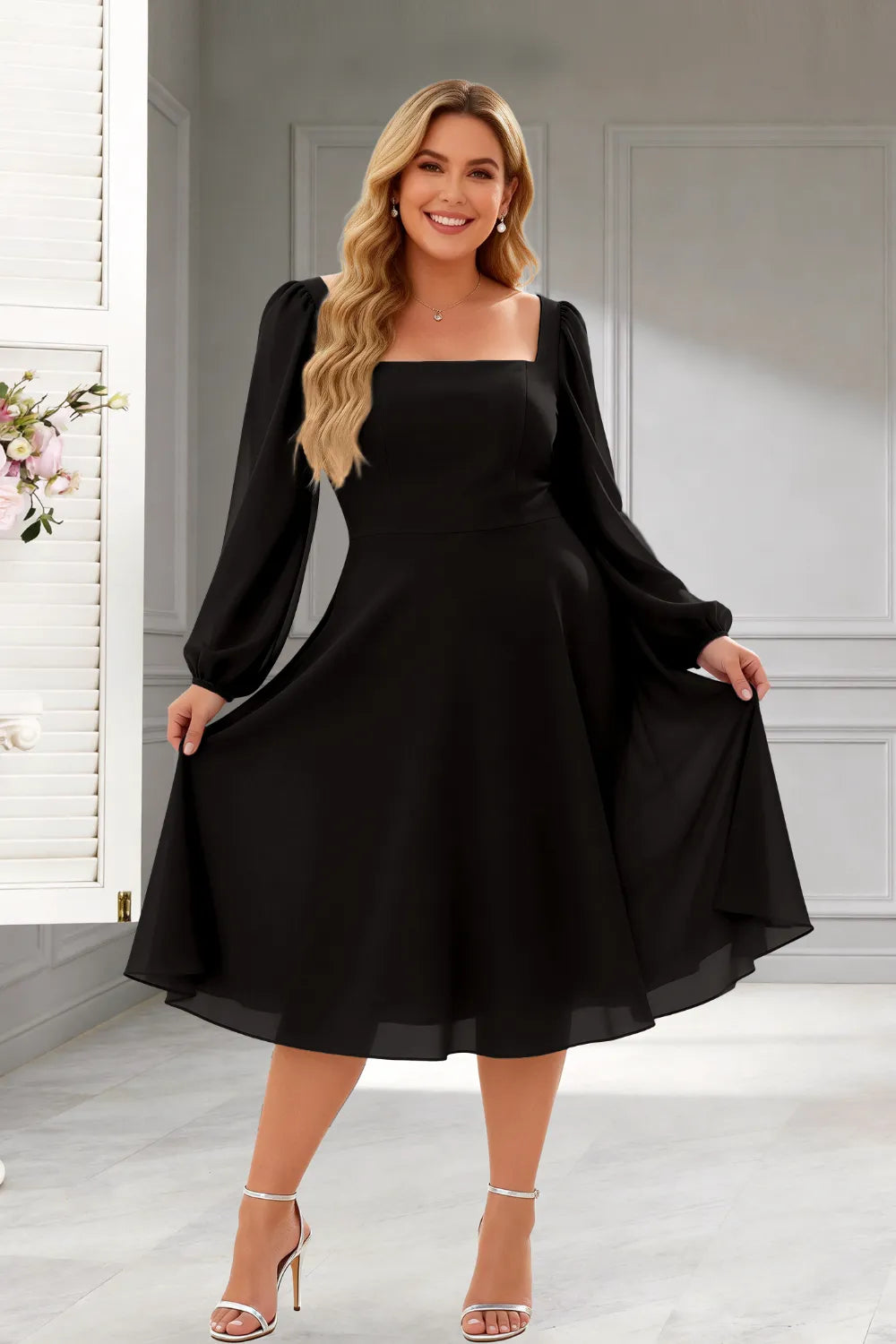 Elegant Square Neck Long Sleeve A-Line Midi Dress