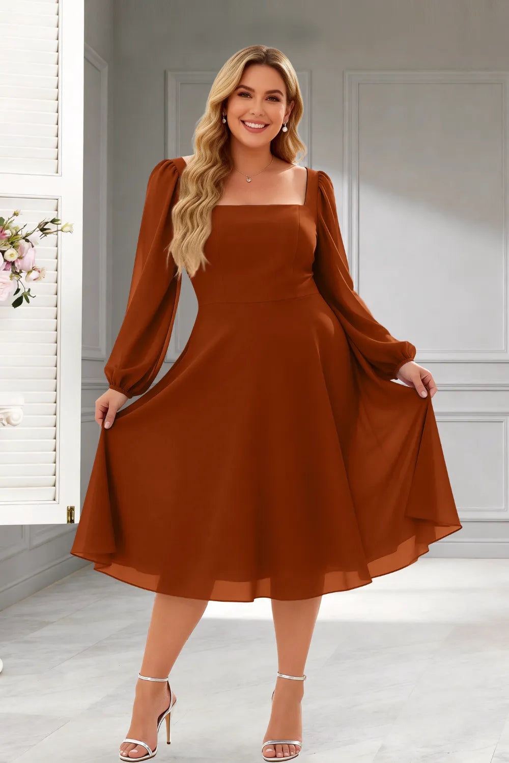 Elegant Square Neck Long Sleeve A-Line Midi Dress