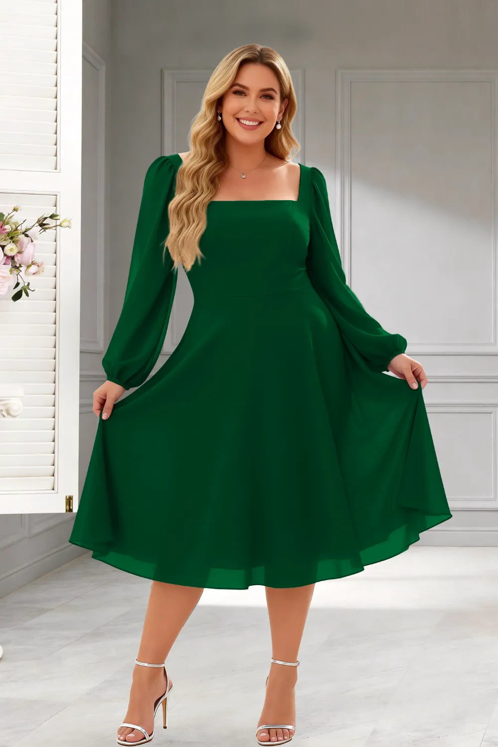 Elegant Square Neck Long Sleeve A-Line Midi Dress