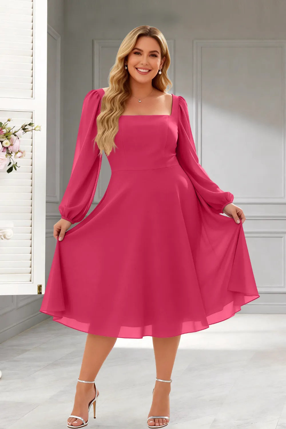 Elegant Square Neck Long Sleeve A-Line Midi Dress