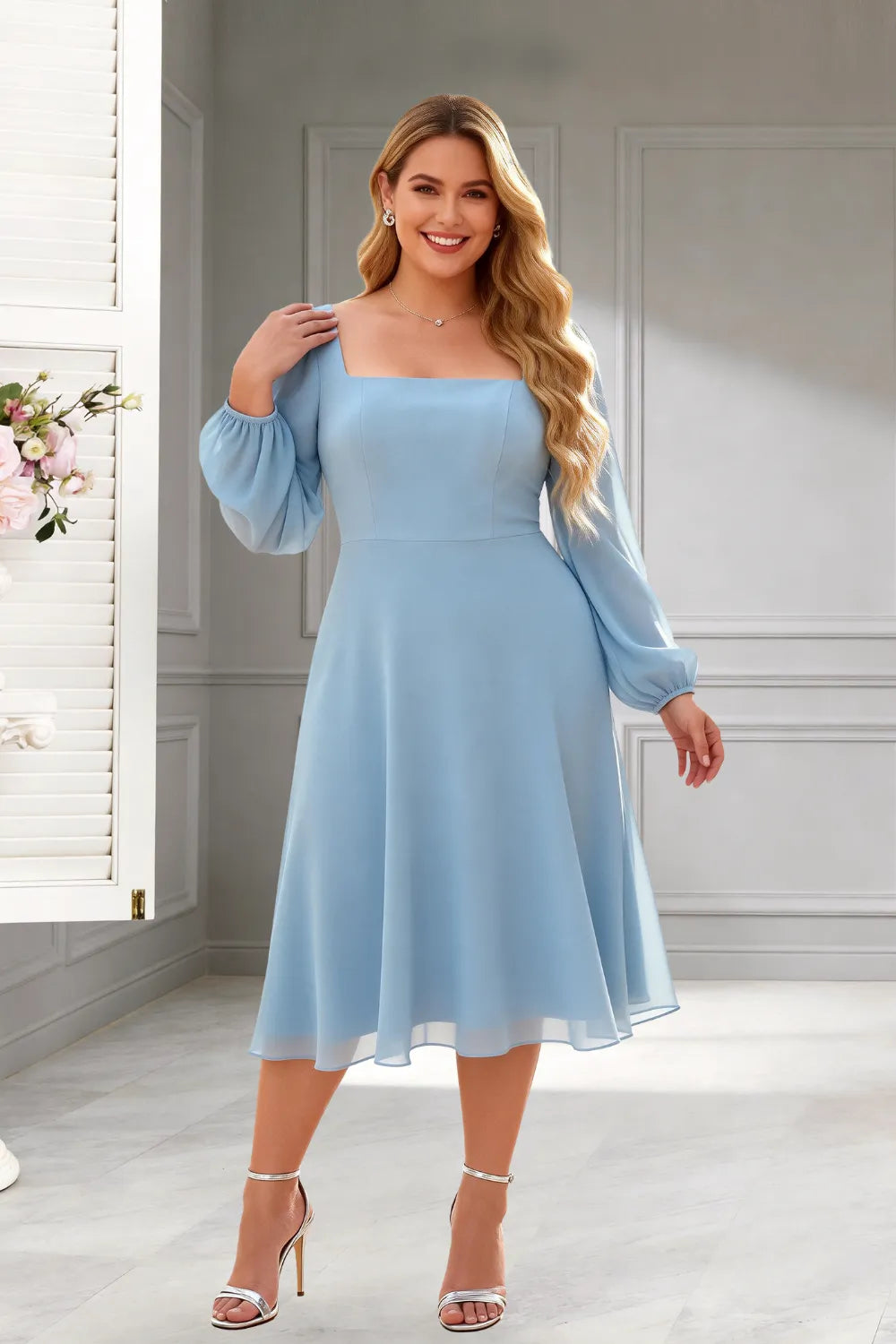 Elegant Square Neck Long Sleeve A-Line Midi Dress