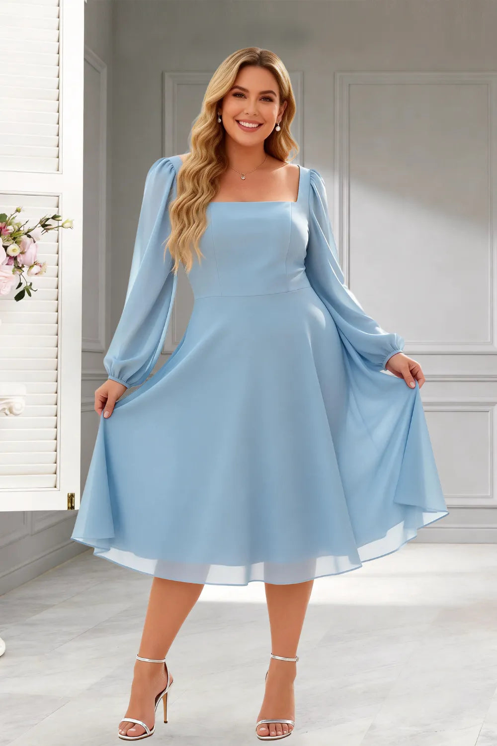 Elegant Square Neck Long Sleeve A-Line Midi Dress
