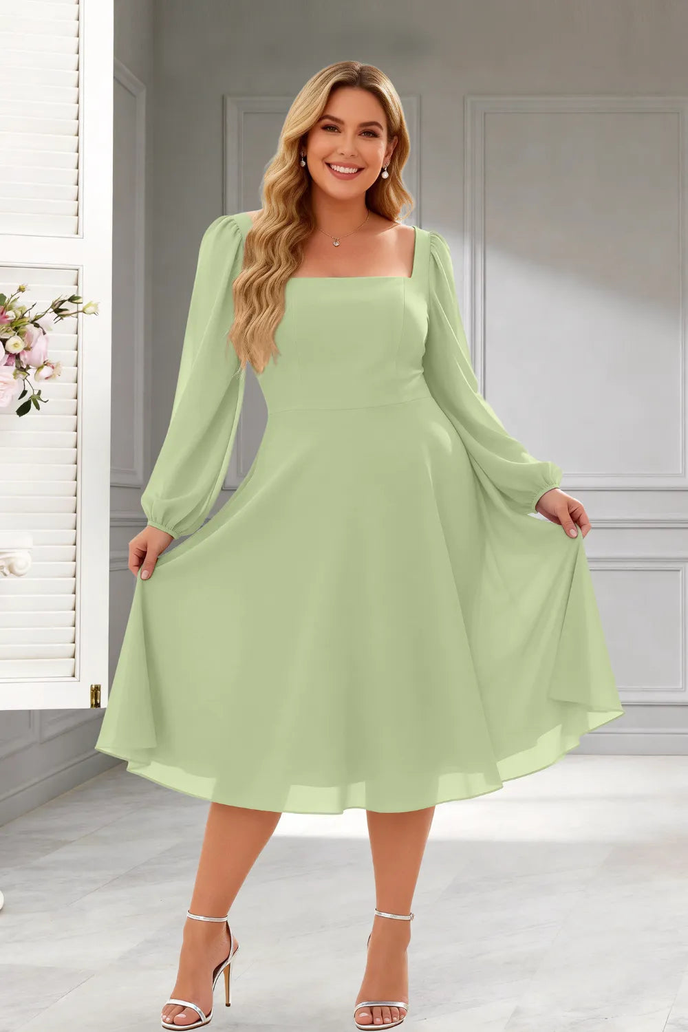 Elegant Square Neck Long Sleeve A-Line Midi Dress