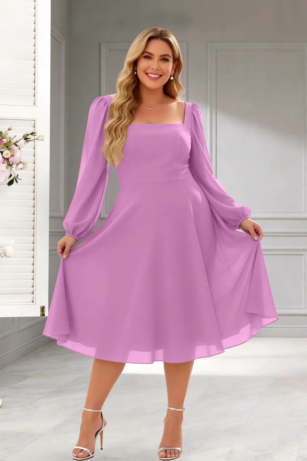 Elegant Square Neck Long Sleeve A-Line Midi Dress
