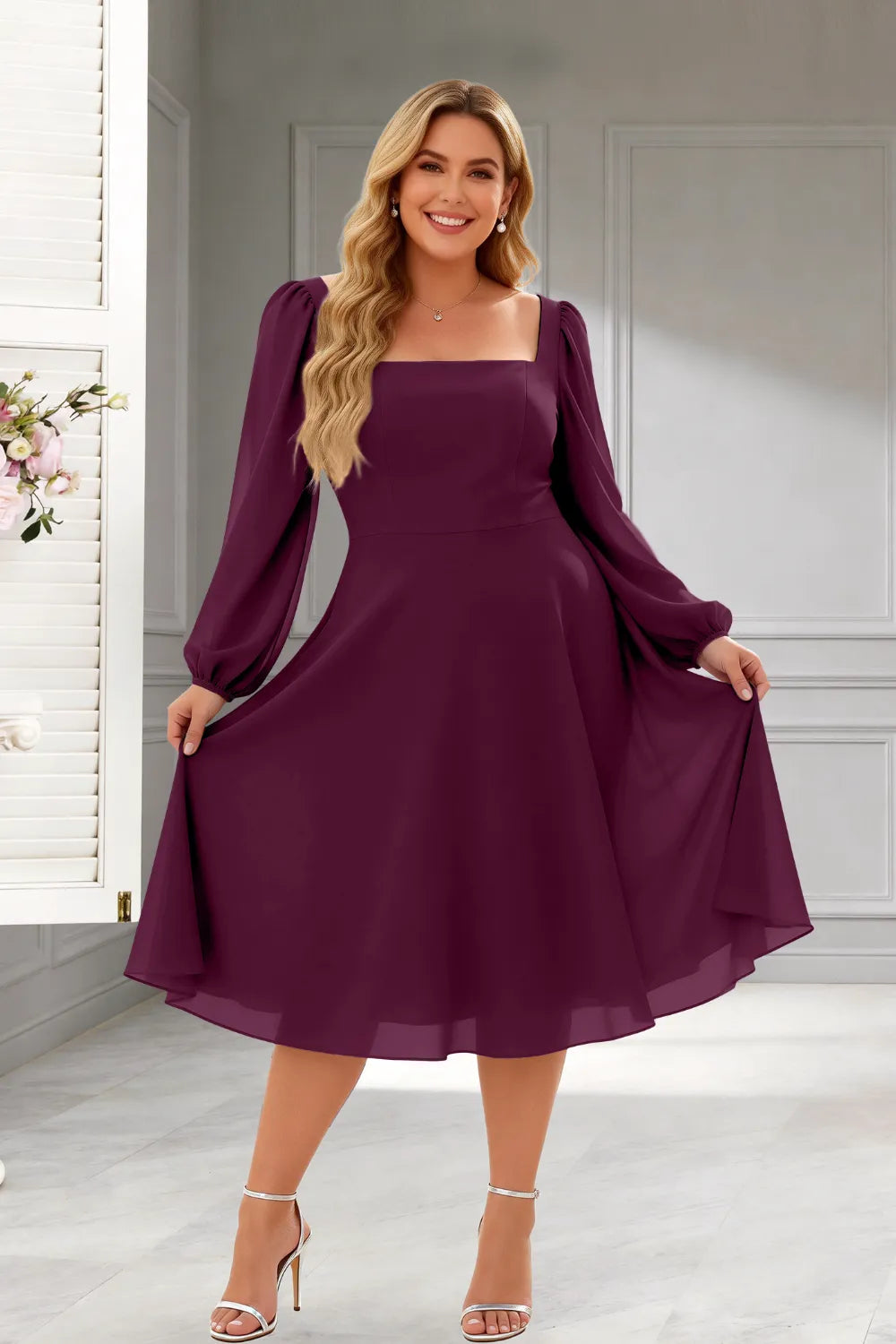 Elegant Square Neck Long Sleeve A-Line Midi Dress