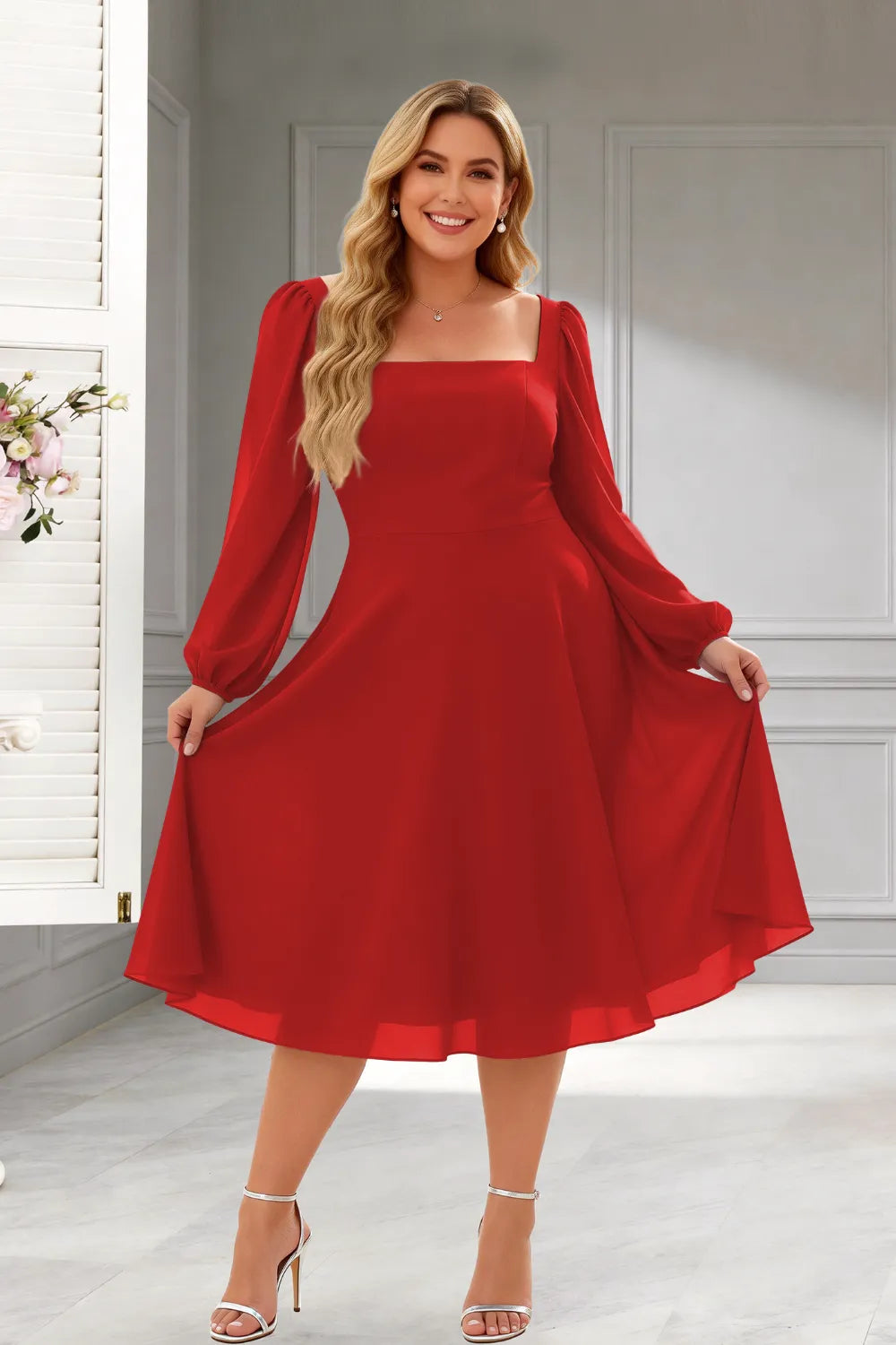 Elegant Square Neck Long Sleeve A-Line Midi Dress