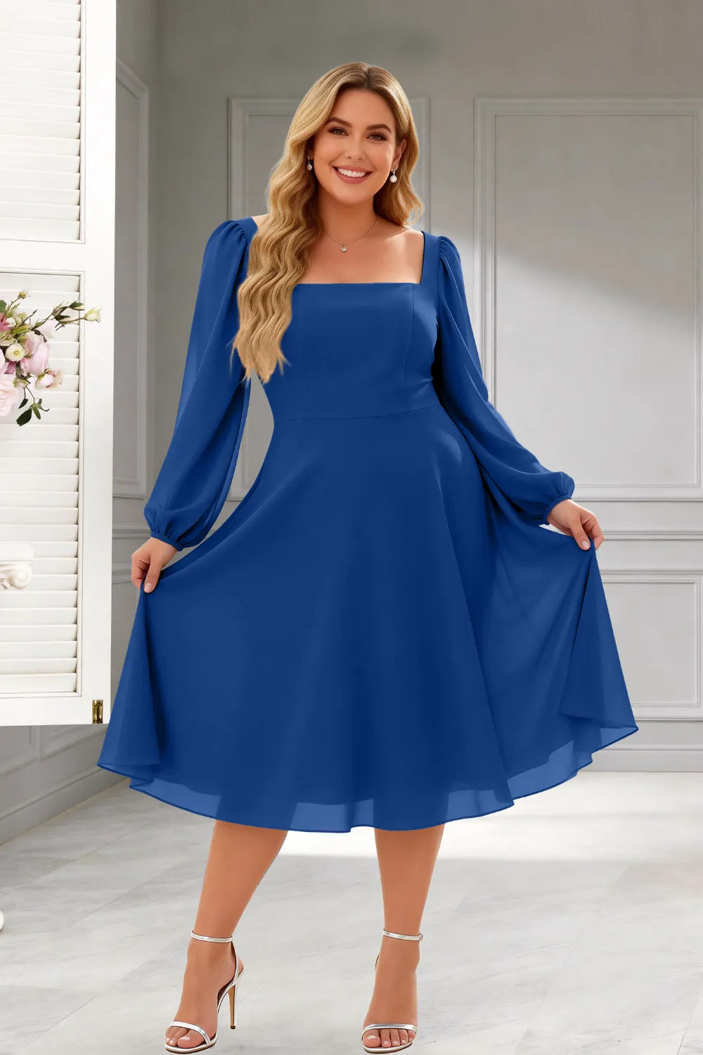 Elegant Square Neck Long Sleeve A-Line Midi Dress