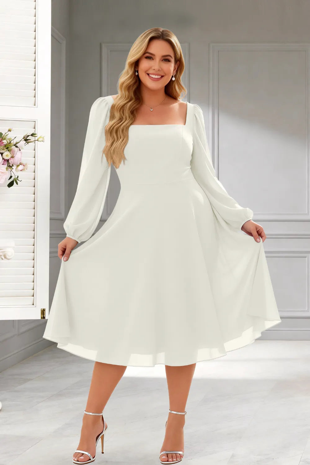 Elegant Square Neck Long Sleeve A-Line Midi Dress