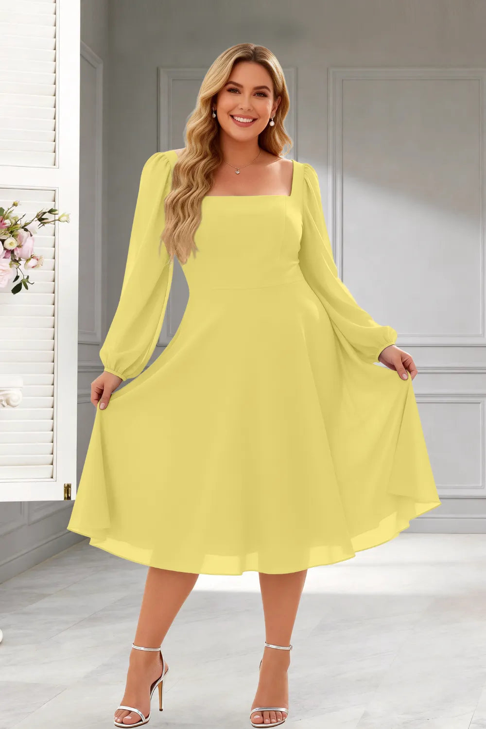 Elegant Square Neck Long Sleeve A-Line Midi Dress