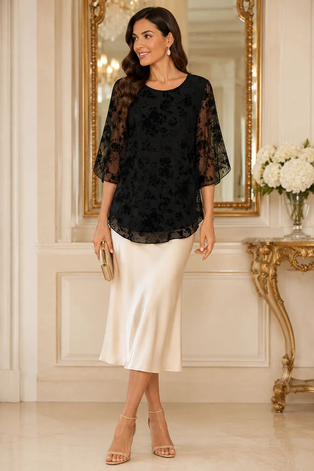 Floral Lace Overlay Formal Blouse